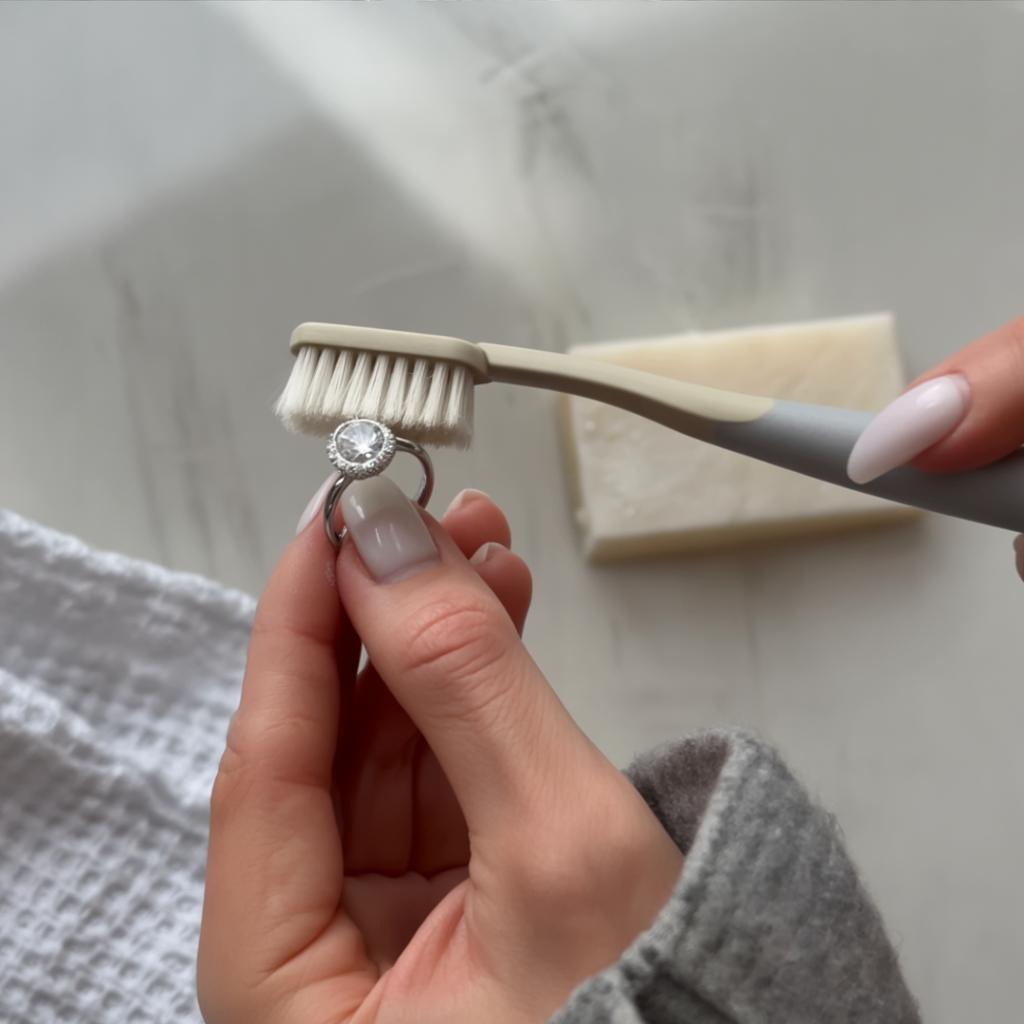 Reinigung eines Verlobungsrings mit Labor Diamant– schonende Pflege mit Bürste und Seife