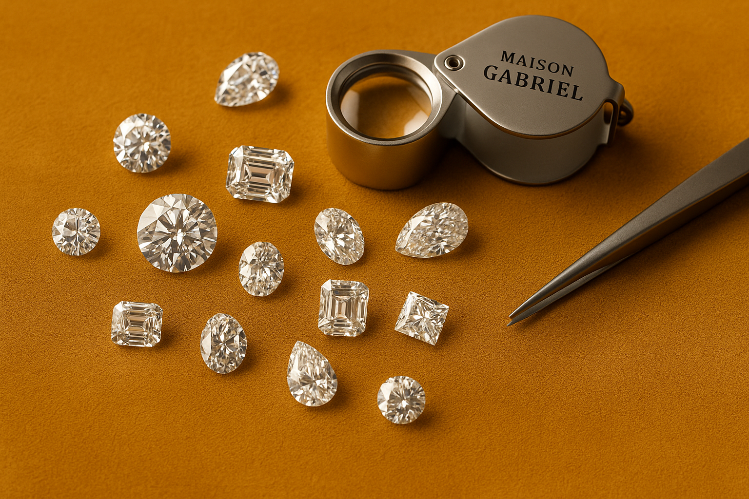Auswahl zertifizierter Labordiamanten verschiedener Schliffe – Maison Gabriel Diamantberatung. Runder Labor Diamant. Tropfen Labordiamant. Emerald Labgrown