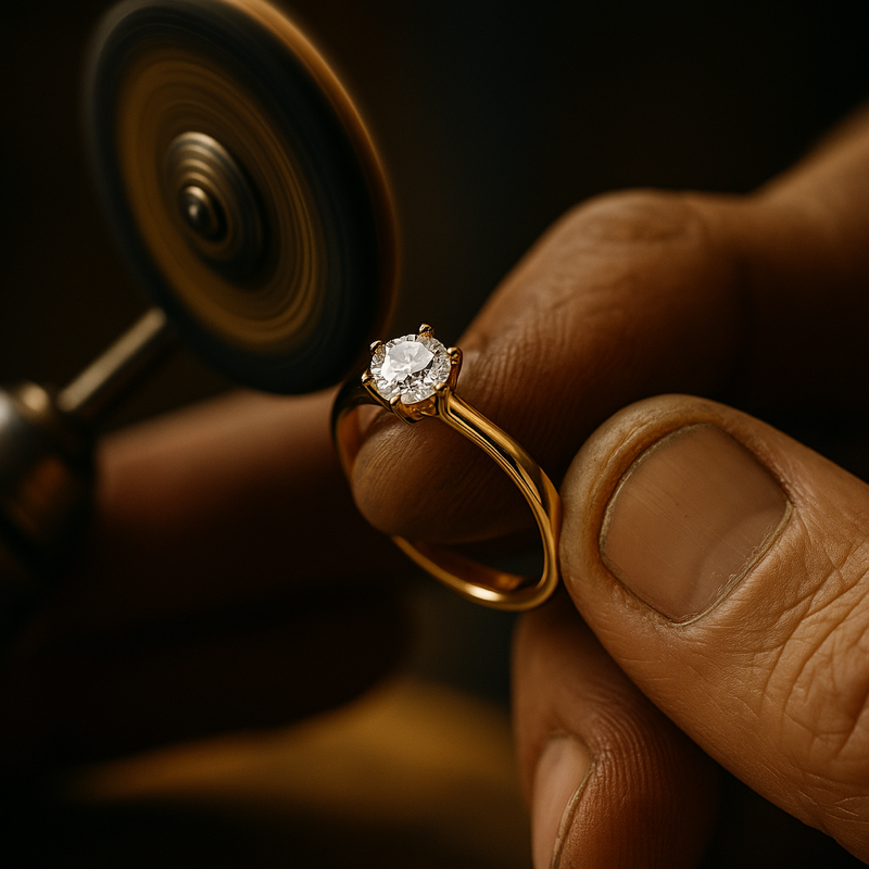 Politur eines Verlobungsrings aus Gold – Handwerkskunst und Perfektion bis ins Detail. Qualitätskontrolle bei Maison Gabriel. Juwelier Kuhnles Zukunft