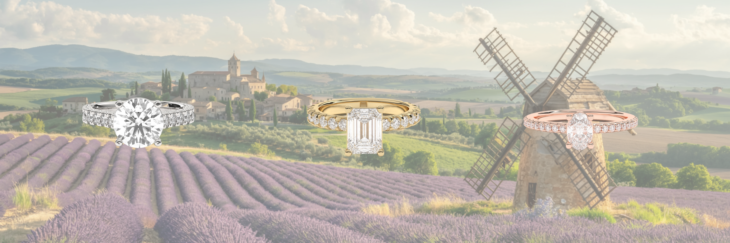 Lavendelfeld & Windmühle
Verlobungsringe mit Labordiamanten – Round, Emerald und Oval Cut – in Gelbgold, Roségold und Weißgold vor Lavendelfeldern der Provence